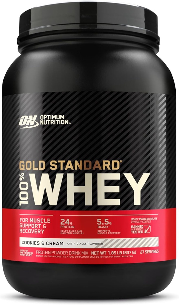 Optimum Nutrition Gold Standard 100% Whey Protein Powder, Cookies & Crema, 2 libras (Packaging May Vary)