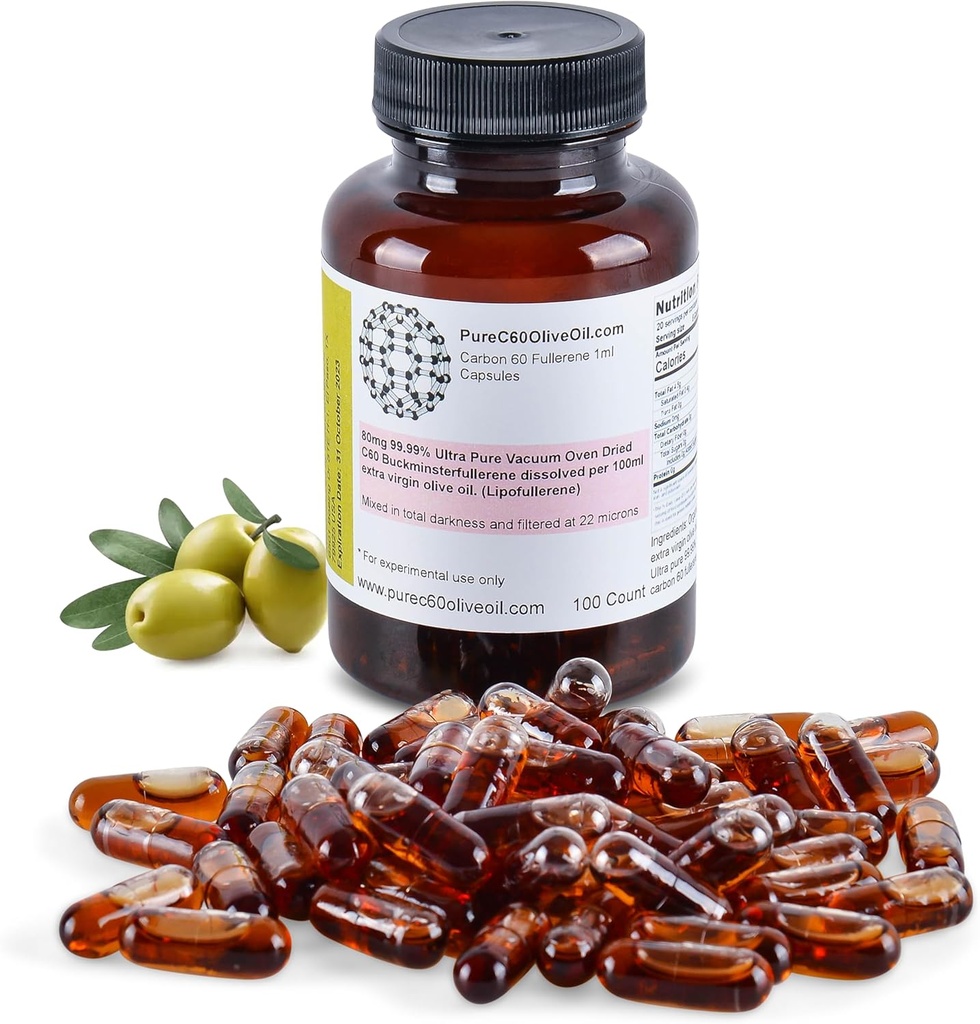 PureC60OliveOil C60 Organic Olive Oil Capsules Pills 100ml / 3.4 Fl Oz - 99.99% Carbon 60 Solvent Free 80mg - Grado alimentario - Carbon 60 Olive Oil - From The Leading Global Producer