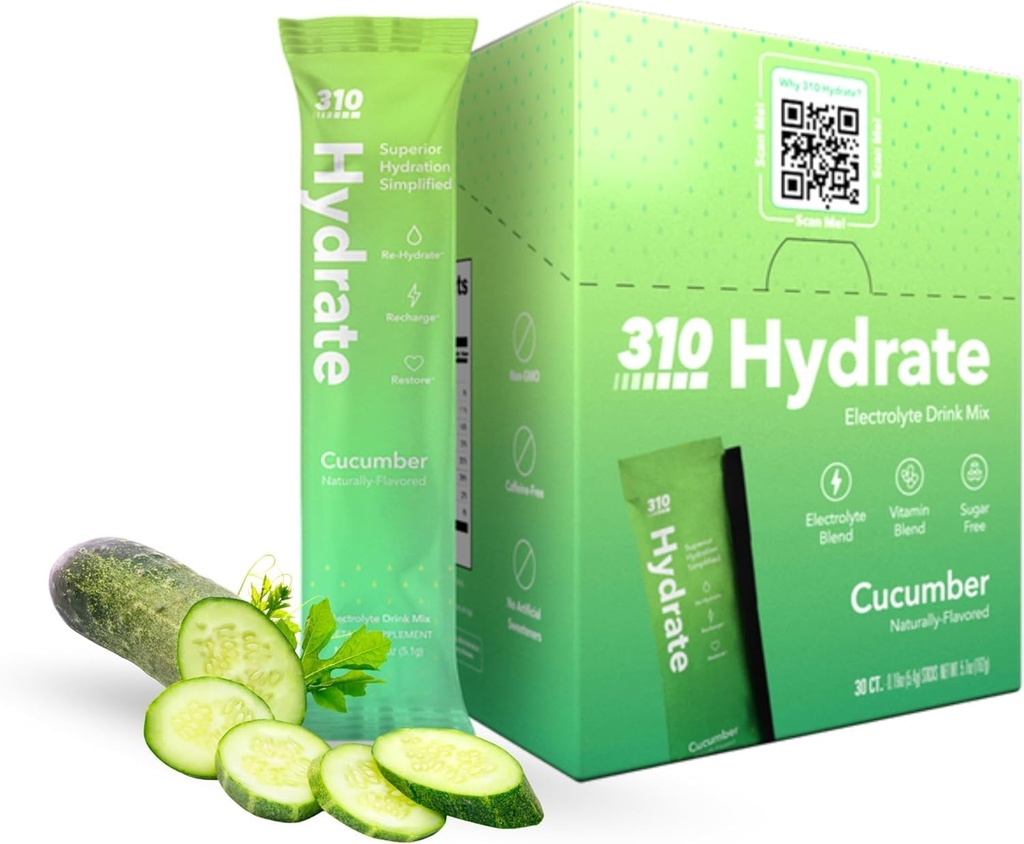 310 Nutrición Azúcar Electrolitos Gratis Polvo - Instant Hydration Packets for Daily Fluid Balance - Caffeine-Free Rehydration Drink Mix w/ Vitaminas, Baja Calorie & Keto Friendly - Cucumber 30 Singles