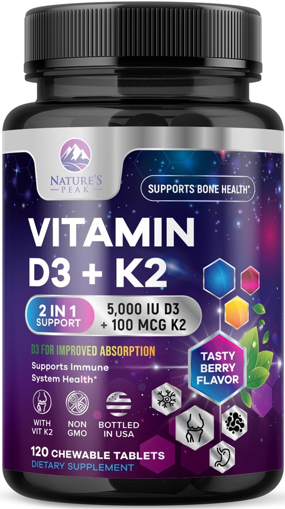Vitamin D3 K2 - 5000 iu Vitamin D3 & 100 mcg Vitamin K2 (MK-7) per Serving - Calcium Absorption, Bone & Heart Health Support - Berry Chewable, Gluten Free, Non-GMO, Bottled in USA - 120 Tablets
