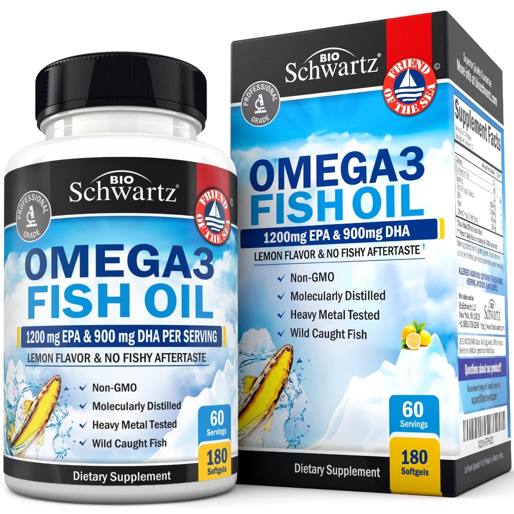 Triple fuerza Omega 3 Fish Oil Suplemento - 2250mg EPA DHA Omega 3 ácidos grasos de pescado fresco salvaje, Burpless Lemon Flavor Fórmula apoya la salud ocular y más, Gluten Free, 180 Softgels