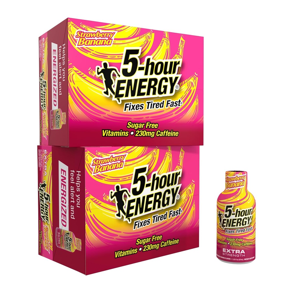 5 horas ENERGY Extra Strength Energy Shot, Strawberry Banana Flavor (1.93 oz., 24 Conde) Calories sin azúcar " Cero, B-Vitamins " Aminoácidos, 230 mg Caffeinated Energy Shot, Dietary Supplement