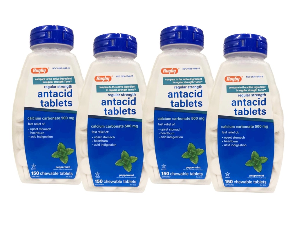 Calcio de Rugby Carbonato 500mg Tablas de antácidos Peppermint, regular Strengh, 150 Tabletas Chewable - 4 Pack