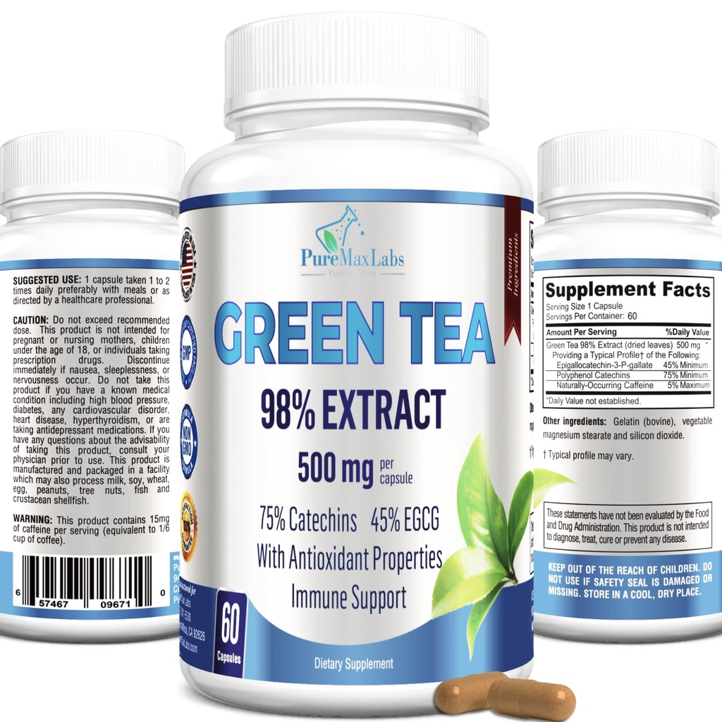 Extracto del té verde 98% - 3X Fuerza, 75% Catequinas polifenoles, 45% EGCG, Super Antioxidante - 60 cápsulas
