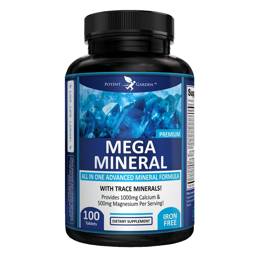Potent Garden Mega Mineral Suplemento Complejo Mineral Completo con Magnesio de Calcio Zinc Potasio Boron Selenium Chromium & 72 Trace Minerals Iron Suplemento de Calcio Libre -100 Píldoras