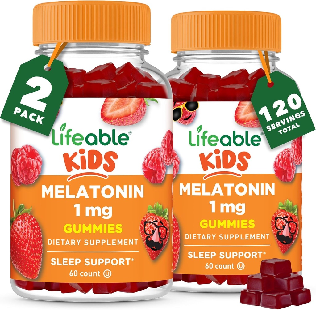 Melatonina salvavidas 1 mg  Great Tasting Melatonin Gummies Kids TEN Gluten Free Vegetarian GMO-Free Chewable ← Ayuda a fallar a dormir y a permanecer dormido Silencio para niños, adolescentes y Toddler ← 2 Pack - 120 Gummies