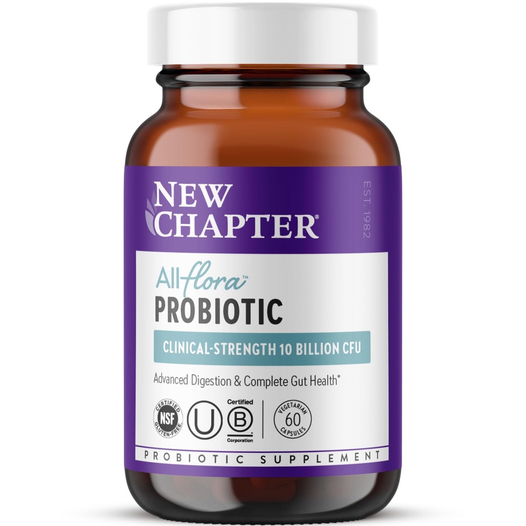 Nuevo Capítulo Probiótico All-Flora - 60 ct (2 Mes de Suministro) para la Digestión Avanzada & Completo Salud Gut con Prebióticos + Postbióticos, Estrasas Estudiadas Clínicamente, 100% Vegan, No GMO, Estable