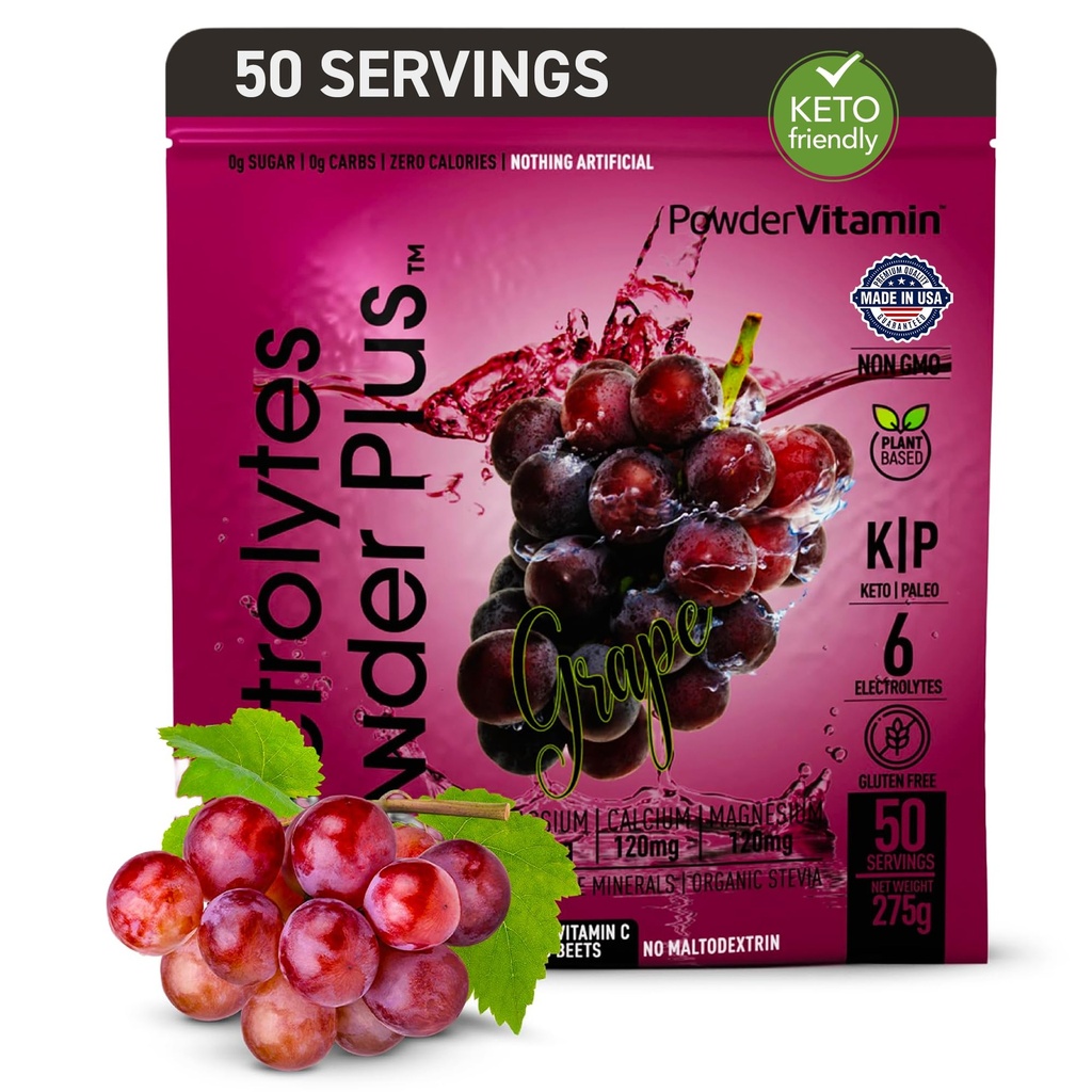 PowderVitamin Electrolytes Powder Plus (50 Servings) Grape Electrolyte Powder Zero Calorie Keto, 0 Sugar, No Maltodextrin,1000mg Potasio, 120mg Calcio,120mg Magnesio, Hidratación Polvo