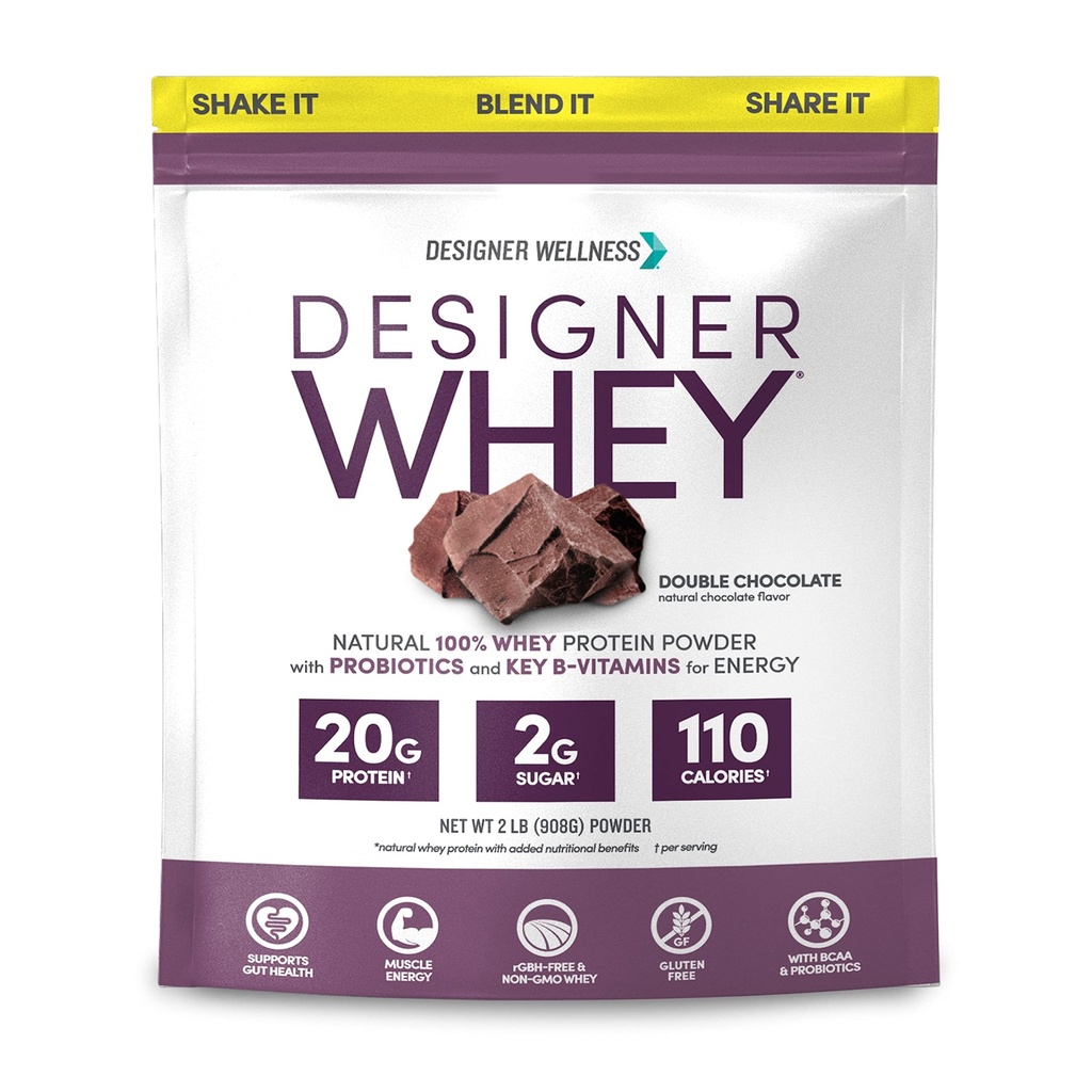Designer Wellness, Designer Whey, Natural Whey Protein Powder con probióticos, fibra y clave B-Vitamins for Energy, Gluten-Free &amp; Kosher, Double Chocolate, 2 lb