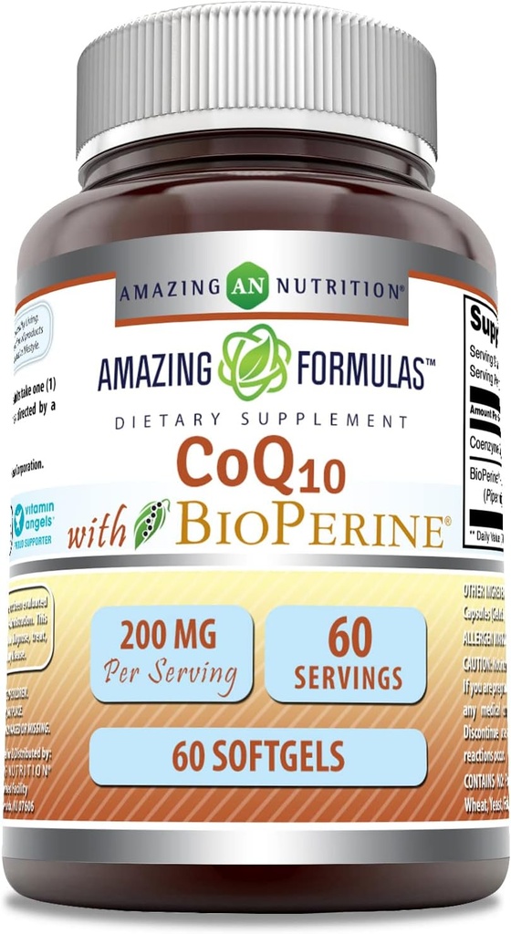 Amazing Formulas CoQ10 con Bioperine Supplement tención 200 Mg per Serving TEN 60 Softgels Silencio No-GMO TEN Gluten-Free TEN Made in USA