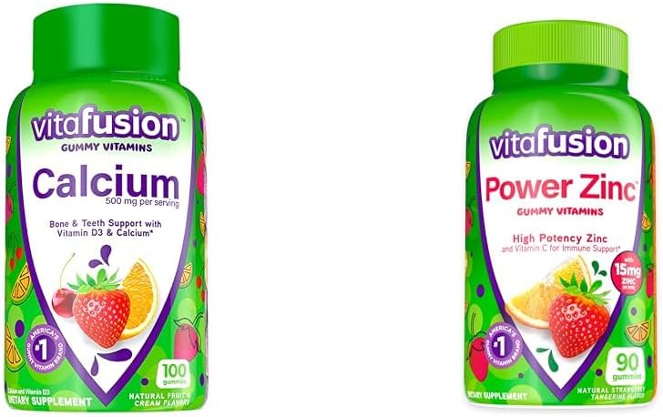 Vitafusion Calcium Gummy Vitaminas para Soporte de Huesos, 100 Conde & Power Zinc Gummy Vitaminas para Soporte Inmunitario, 90 Conde