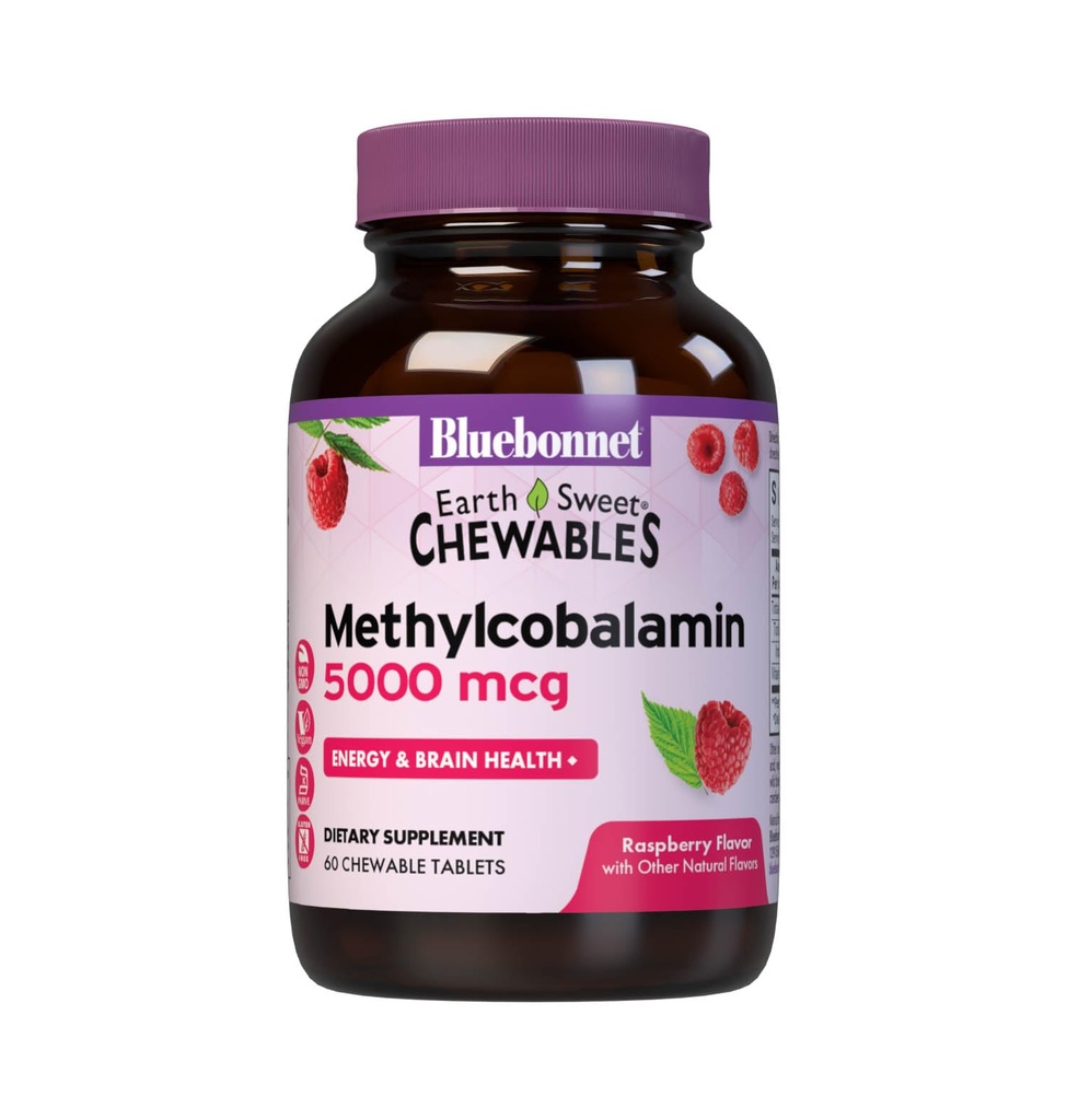 Bluebonnet Nutrition EarthSweet Methylcobalamin 5,000 mcg Active Coenzyme Form of Vitamin B12 Supports Energy Boost &amp; Metabolism - Vegan, Gluten-Free - Raspberry Flavor - 60 Chewable Tablets