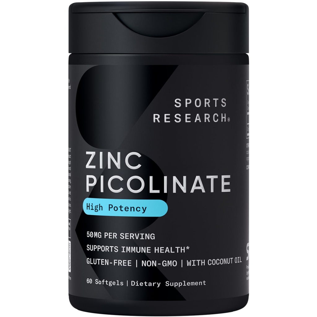 Investigación Deportiva Zinc Picolinate 50mg con aceite de coco orgánico ← Altamente Absorbable Zinc Suplemento para la función sana de la inmune - No GMO Verificado, Gluten &amp; Soy Libre (60 Softgeles líquidos)
