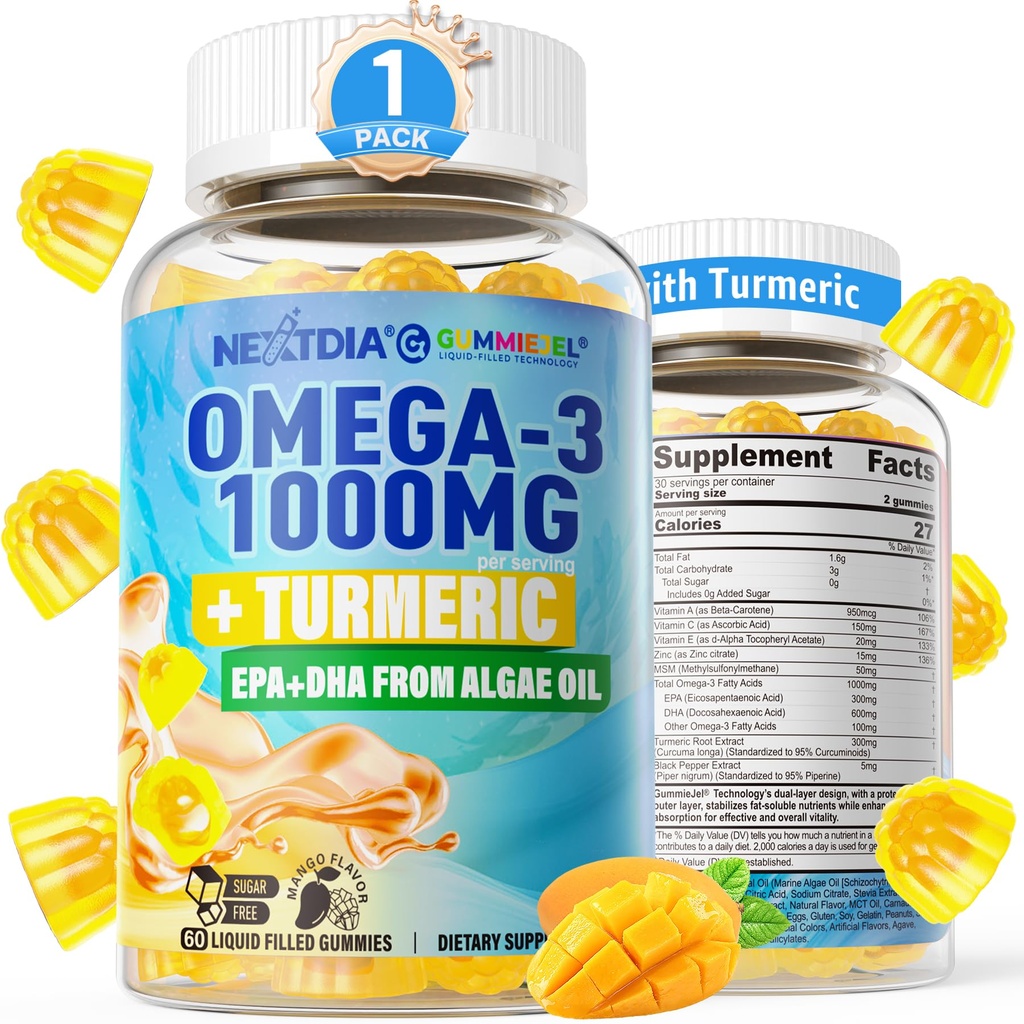 Vegan Omega-3 Gummies 1000mg + Turmérico - Omega 3 Fish Oil Alternative for Adults - Algae DHA 600mg &amp; EPA 300mg, Vitaminas A, C, E, Zinc & MSM, Sugar Free, 60 Cts