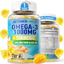 Vegan Omega-3 Gummies 1000mg + Turmérico - Omega 3 Fish Oil Alternative for Adults - Algae DHA 600mg &amp; EPA 300mg, Vitaminas A, C, E, Zinc & MSM, Sugar Free, 60 Cts