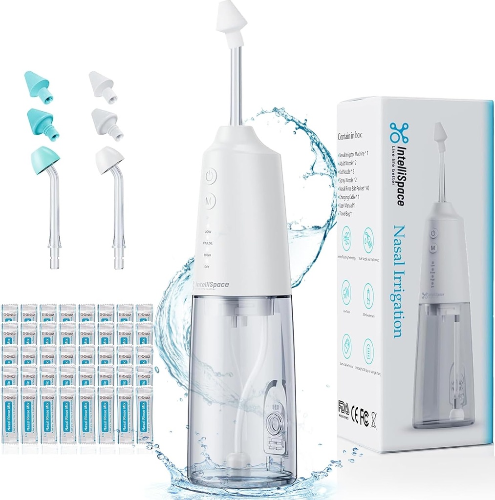 Nasal Irrigation System Portable Cordless Nasal Rinse Machine for Sinus Allergy Relief Nasal Care - Electric Neti Pot for Nasal Irrigation - Sinus Rinse Kit con 6 boquillas 40 Salt Packs