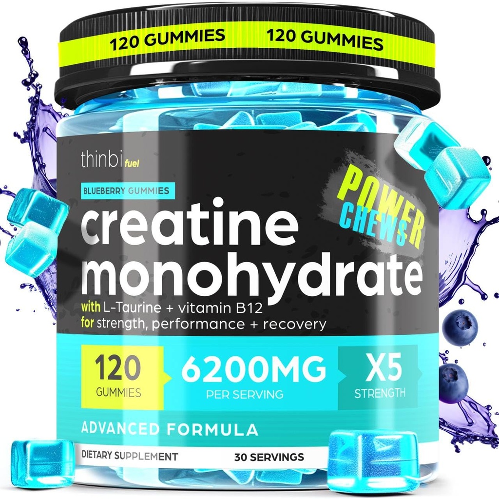 Cretina Monohydrate Gummies Complejo 6200mg para Hombres &amp; Mujeres - 120 Gummies Fórmula avanzada W/L-Taurina + Vitamina B12 para Estrés muscular, constructor de músculos, toma de energía