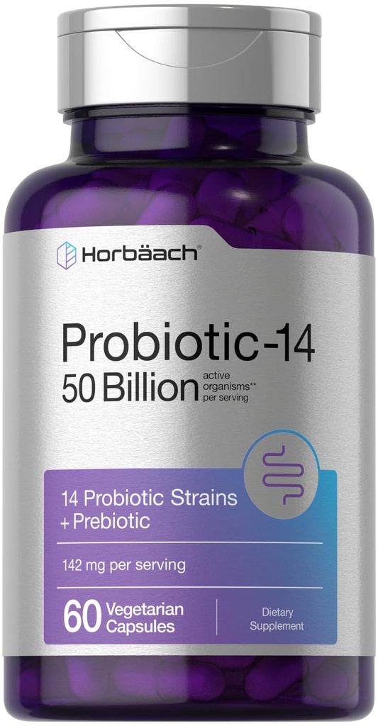 Horbaach Probióticos para Mujeres y Hombres TENIDO 60 cápsulas TEN 14 Estrechos Probióticos con Prebiótico Silencio 50 Billion Organisms Activos ← Non-GMO &amp; Gluten Free Supplement
