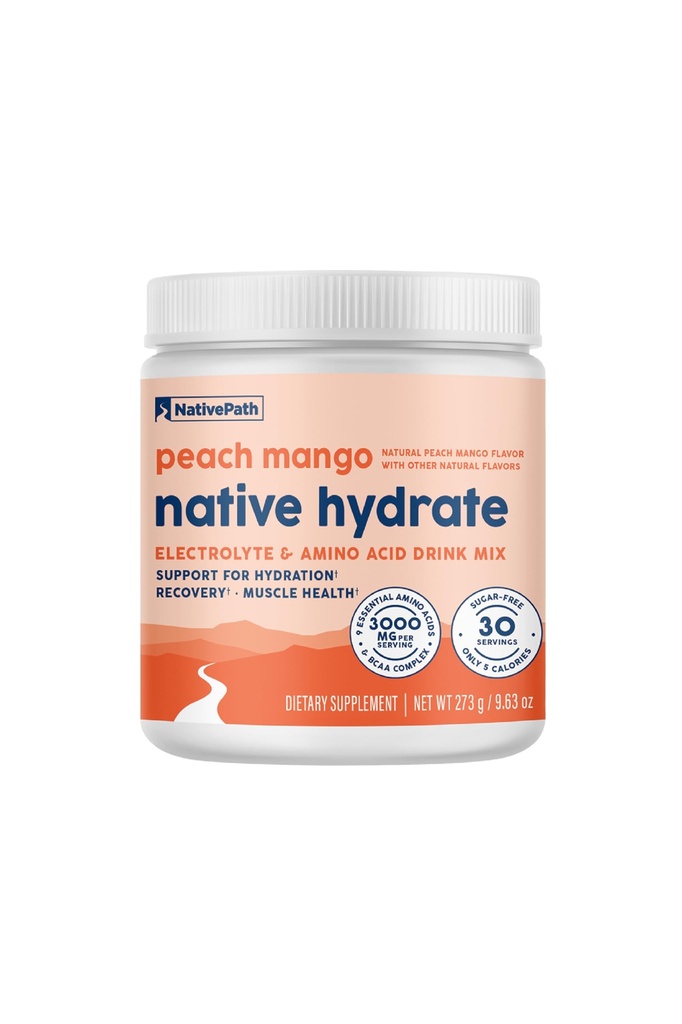 Hidrata NativaPath, Sugar Cero, Electrolitos Polvo con BCAAs, Hidratación Mango Peach, Keto & Paleo Friendly, 30 Servimientos