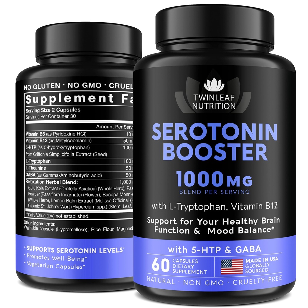 Suplemento natural de serotonina - Hecho en EE.UU. 5HTP Serotonin & Cortisol Manager - Serotonin Booster Vitamin Suplemento para Mujeres con 5-HTP, Vitamina B6, B12, GABA, L Theanine, L Tryptophan - 60 cápsulas