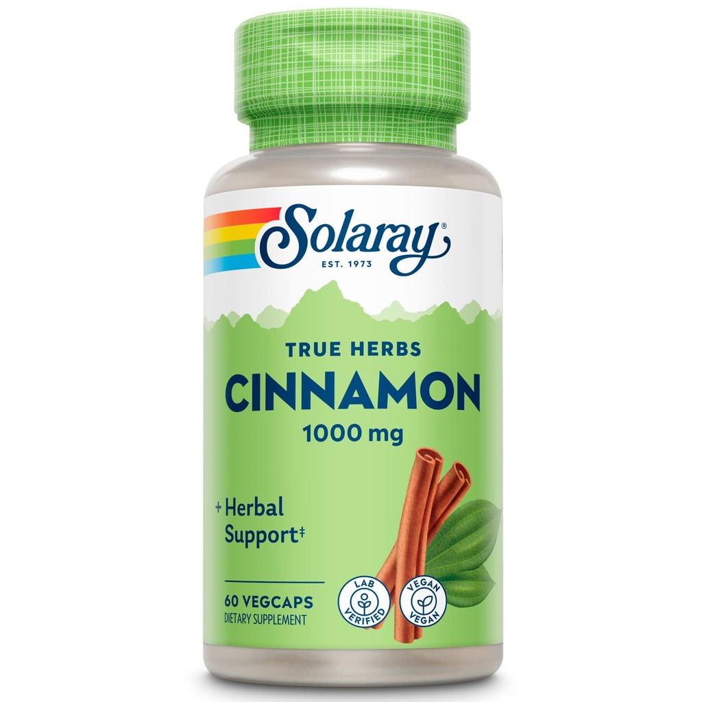 SOLARAY True Herbs Cinnamon Bark 1000mg - Suplementos de canela terrestre - Apoyo herbario para el bienestar general - Proyecto no GMO Verificado - Capsules veganos, Garantía de 60 días - 30 Servimientos, 60 VegCaps
