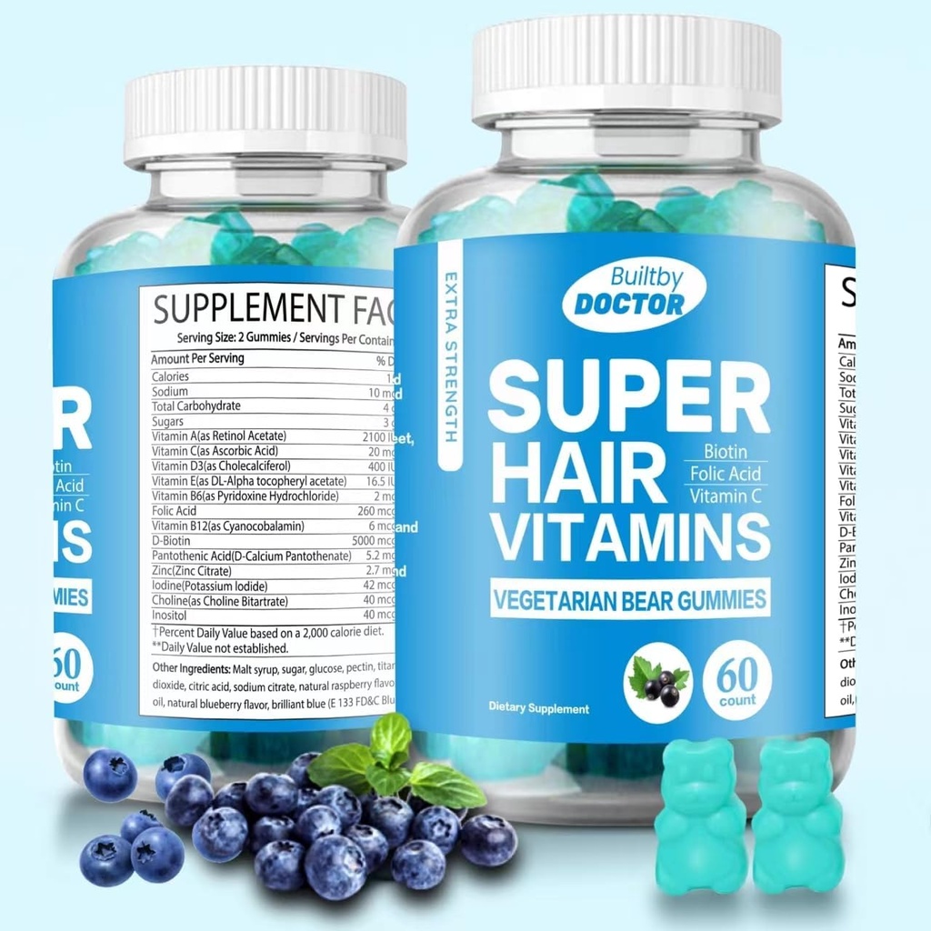 Super Biotina Gummies for Hair, Skin and Nails - Vitaminas Vegan para Hombres & Mujeres, apoya el crecimiento del cabello más rápido y las uñas más fuertes - Extra Strength