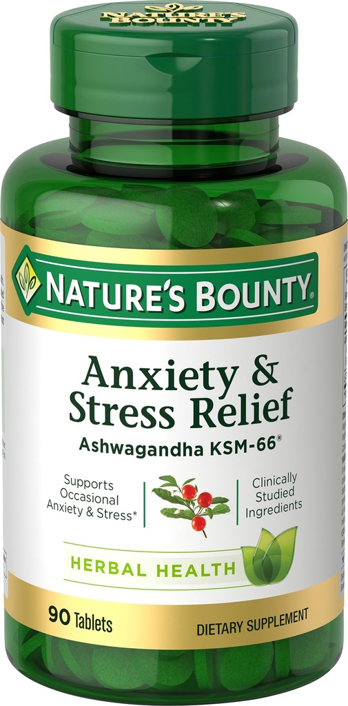 Alivio del estrés de la naturaleza, Ashwagandha KSM-66, apoya el alivio de estrés ocasional, Suplemento dietético, 2 Tabletas por día, Tabletas vegetarianas, Gluten Free, 90 Ct