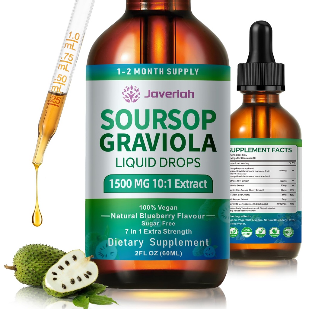 Soursop Graviola Liquid Drops Suplemento con Sea Moss Extract, Soursop Bitters Liquid for Cell Support &amp; Regeneración, Inmunity, Liver, Antioxidant, Graviola Leaves Extract 2 Month Supply 60ML