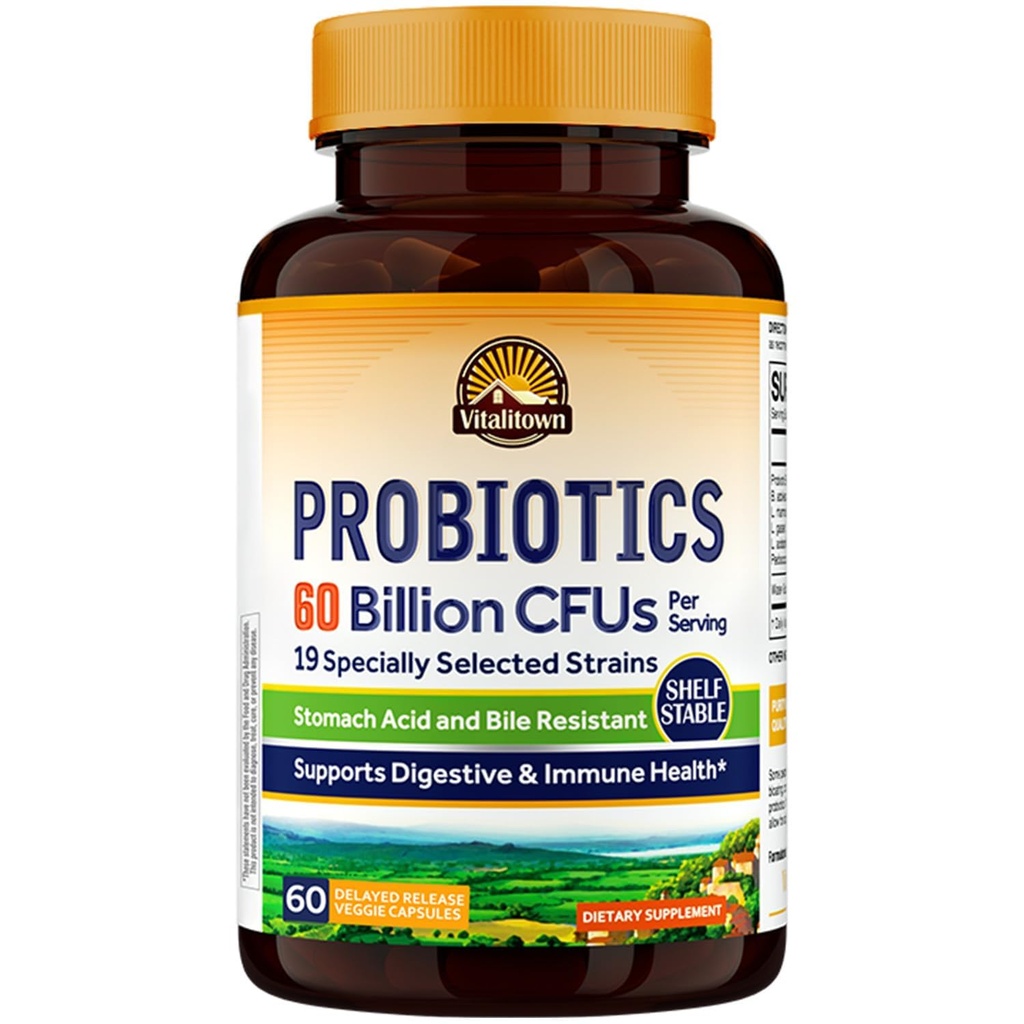 Probióticos de Vitalitown + Prebióticos TEN 60 Billones CFUs 19 Strains TEN 60 Delayed Release Veg Caps ← Shelf Stable, Prebióticos y Probióticos ← Salud Digestiva, Salud Inmunitaria ANTE Vegan, No GMO, No Dairy