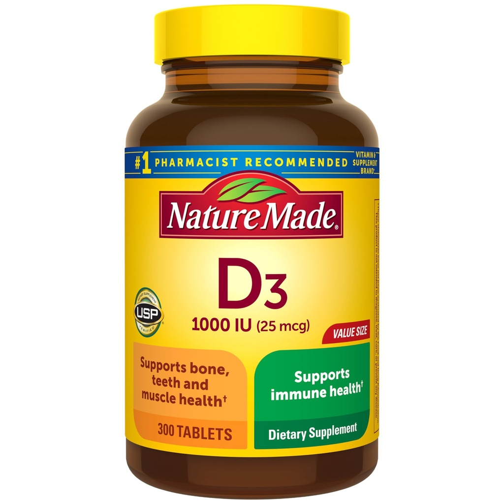 Nature Made Vitamina D3 1000 UI (25 mcg), Suplemento de vitamina D para el Hueso, Dientes, Musculo y Apoyo a la Salud Inmunitaria, 300 Tabletas, 300 Day Supply