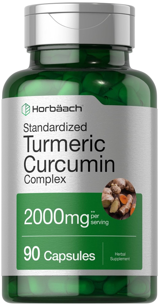 Horbäach Turmeric Curcumin Suplemento 2000mg  90 Capsules Silencioso Complejo con Black Pepper Silencio No Gluten Gratis