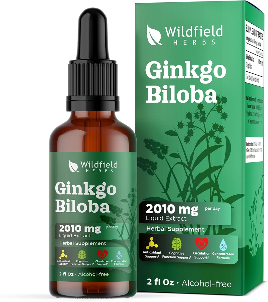 Ginkgo Biloba Extract Drops Liquid 2000mg (Ginkgo biloba L.) Suplemento Herbal Absorbs Better Than Capsules, 1 Month Supply, 84 Servimientos, Alcohol-Free Tintura - 2 Oz, Pack of 1