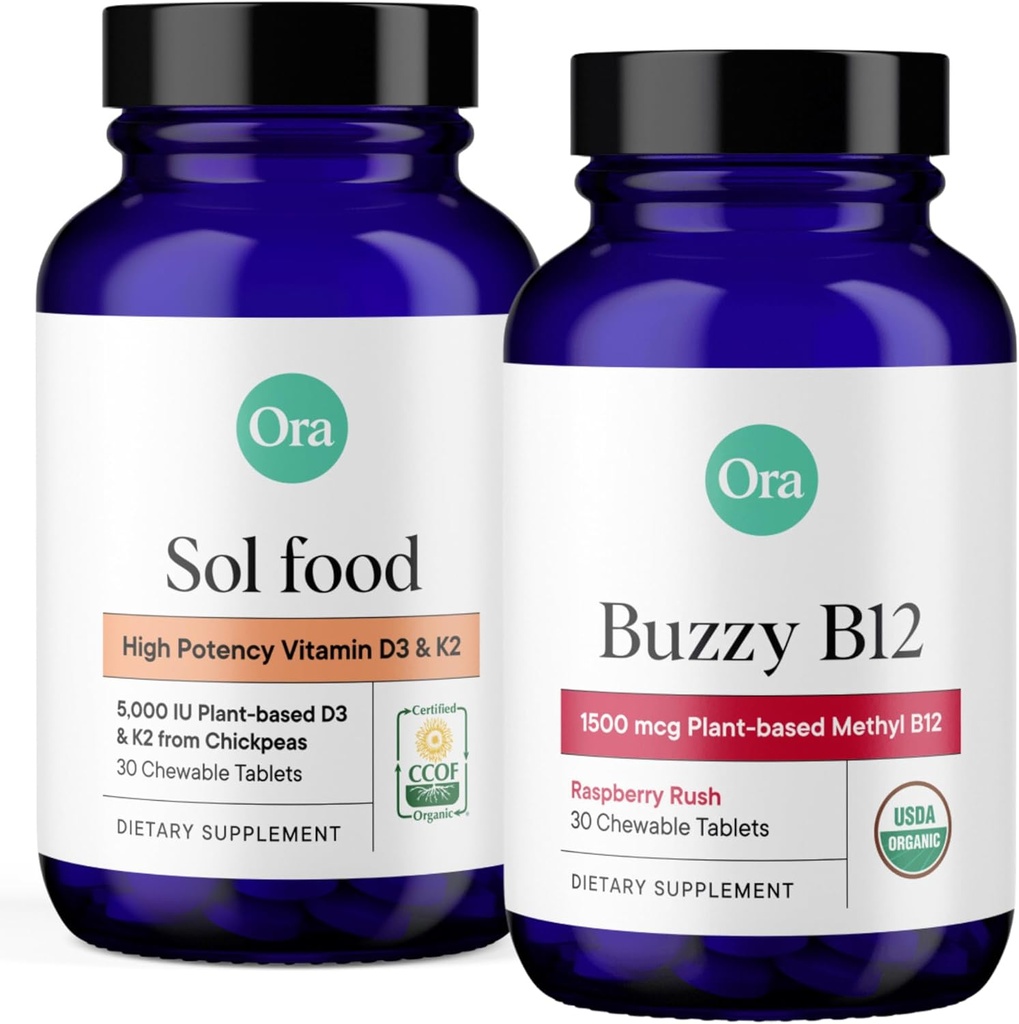 Ora Vitamina Orgánica D3 5000IU + K2 &amp; Vitamina D3 2000IU Bundle: Vegan Vitamina D de Lichen y K2 de Chickpeas, 30 Chewable Tablets + Vegan Vitamina D de Lichen for Bone Health, 30 Vegan Tablets