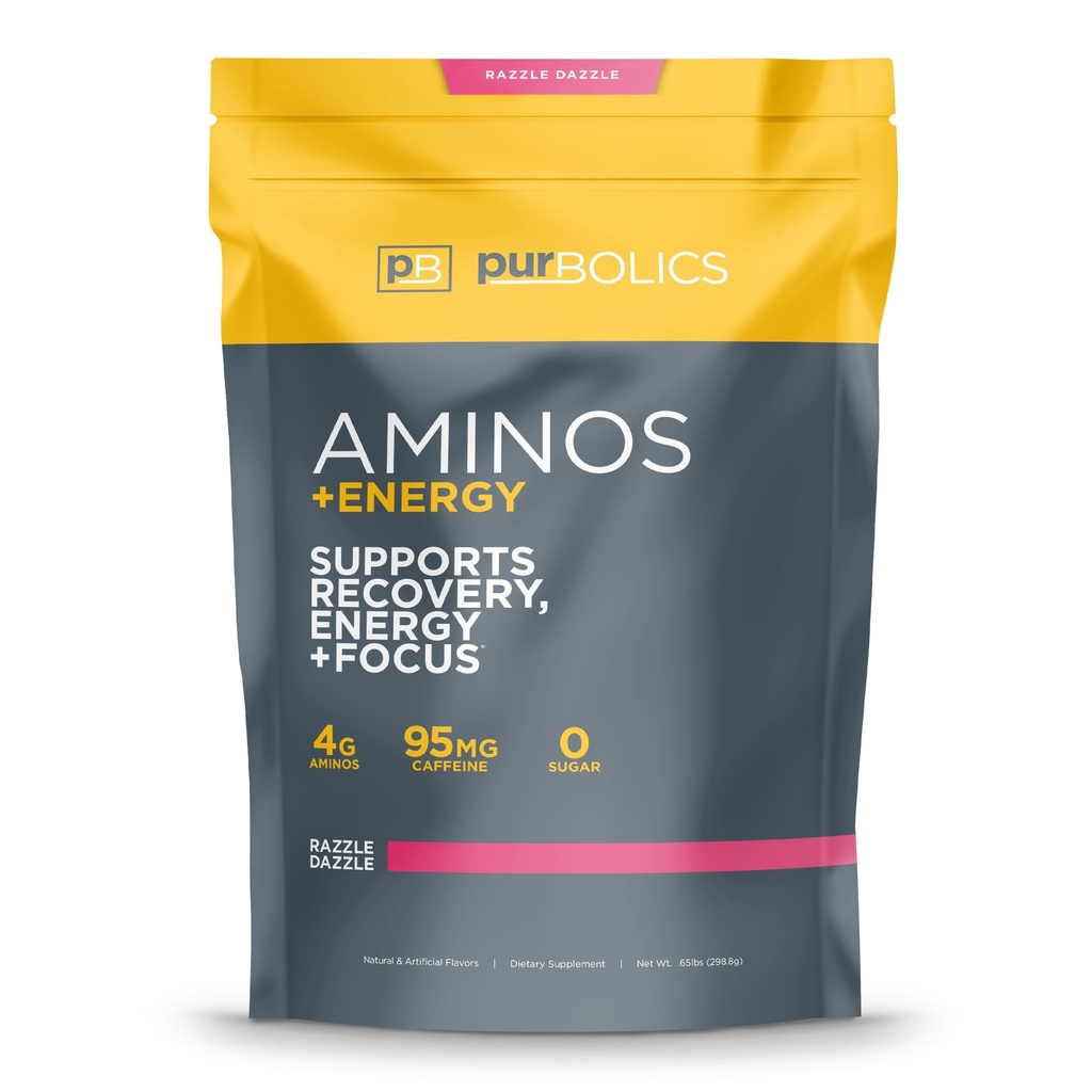 Purbolics Aminos + Energy ¦ apoya la recuperación, la energía y el foco  durable 95mg de la cafeína, 0 Azúcar &amp; 60 servidos (Razzle Dazzle)
