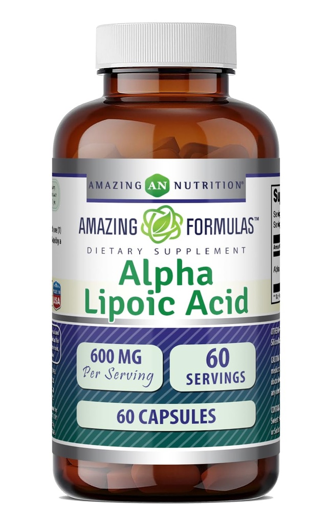Fórmulas asombrosas Ácido Lipoico alfa TENIDO 600 Mg Por Servir Suplemento TENIDO Capsules TENIDO NO-OMG TENIDO Gluten Free TEN Made in USA (1 Pack ANTE 60 Conteo)