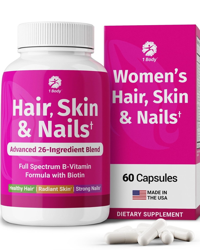 1 Piel de pelo corporal y uñas Vitaminas con biotina – Suplemento de crecimiento del cabello para hombres de mujeres con 26 vitaminas, minerales " Extractos de hierbas – Pelo más fuerte, piel sana " uñas – 60 cápsulas veganas
