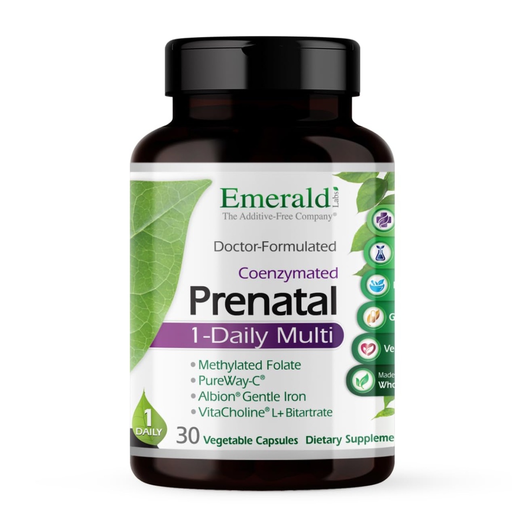 Laboratorios de esmeralda Prenatal 1-Daily Multi - Multivitamínico prenatal con folato metilado, hierro, junta integral de alimentos &amp; más - libre de soja, libre de gluten - 30 cápsulas vegetales