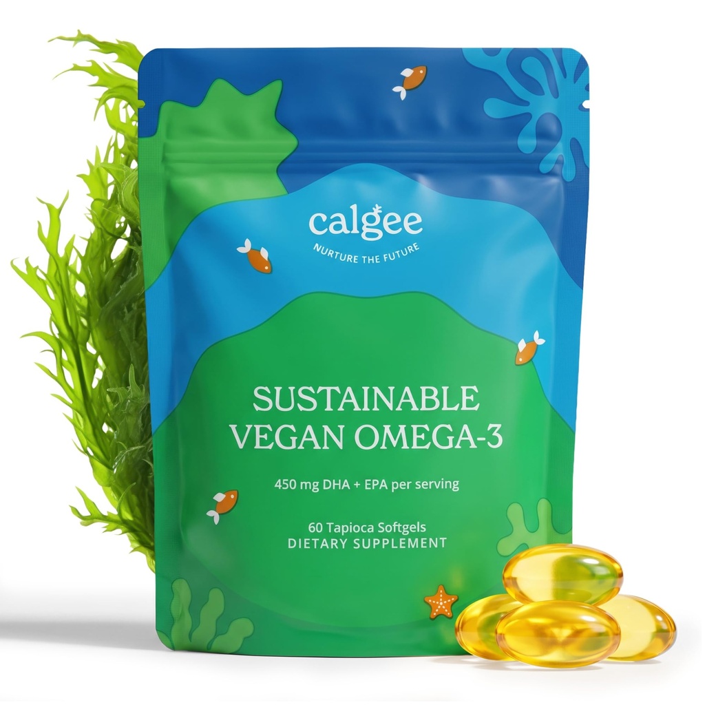 Calgee Vegan Omega 3-450mg DHA &amp; EPA Fatty Acids - Aceite de Algas Sostenibles - Aceite de pescado de base vegetal Alternativa - Softgels sin carrageenano (60 Ct)