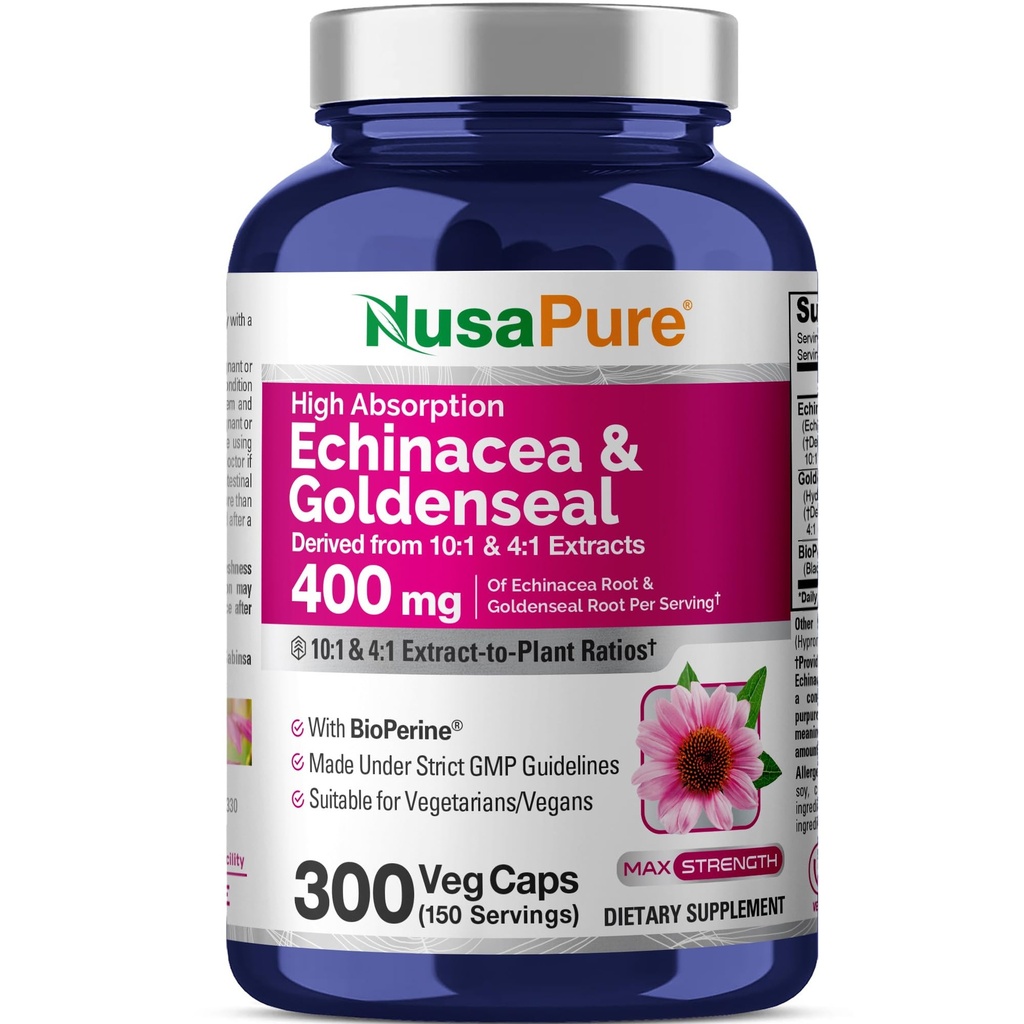 NusaPure Echinacea Goldenseal 200mg, (Extract 10:1, Equivalente a 2.000mg), 200mg, (Extracto 4:1, Equivalente a 800mg) - 2800mg 300 Veggie Caps (Vegetariano, No-GMO, Vegan)