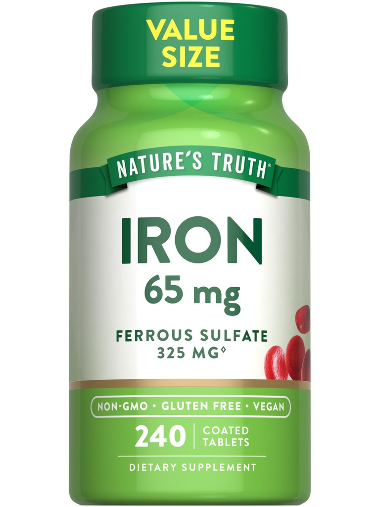 La verdad de la naturaleza Iron Tablets 65mg Silencio 240 Conde ← 325mg Ferrous Sulfate  Vegan, Non-GMO &amp; Gluten Free Supplement