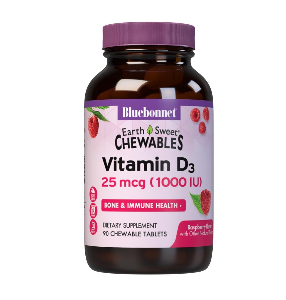 Bluebonnet Nutrition EarthSweet Vitamin D3 1000IU - Bone & Immune Support Supplement - Raspberry Chewable Vitamin D Supplement for Women &amp; Hombre - Soy-Free, Gluten-Free, Non-GMO - 90 Tablets