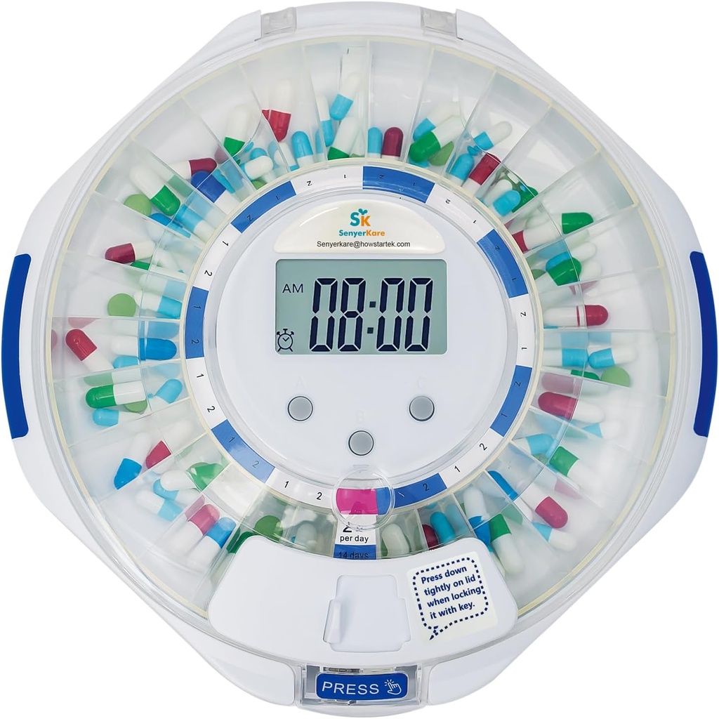 Dispensador automático de píldoras SenyerKare 28-Day con cuidado de Alzheimer, organizador de medicamentos w/Easy-Read LCD, Sonido " Luz " Alertas clave para medicamentos, vitaminas, suplementos, tapa clara