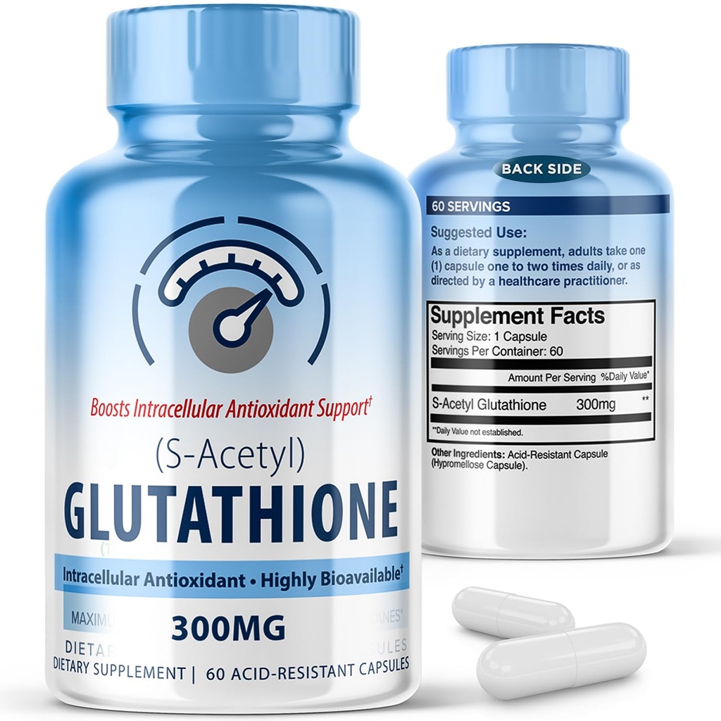 S-Acetyl L-Glutathione 300mg – 60 cápsulas resistentes al ácido, alta biodisponibilidad S Acetyl Glutathione Suplementos para la salud del hígado, suplemento Antioxidante Apoyo cápsulas