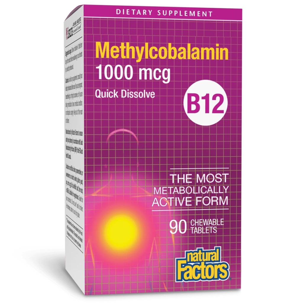 Factores naturales, Vitamina B12 Methylcobalamin 1000 mcg, Apoyo Chewable para la Energía y la Salud Inmune, Vegetariano, Gluten Gratis, 90 comprimidos (90 porciones)