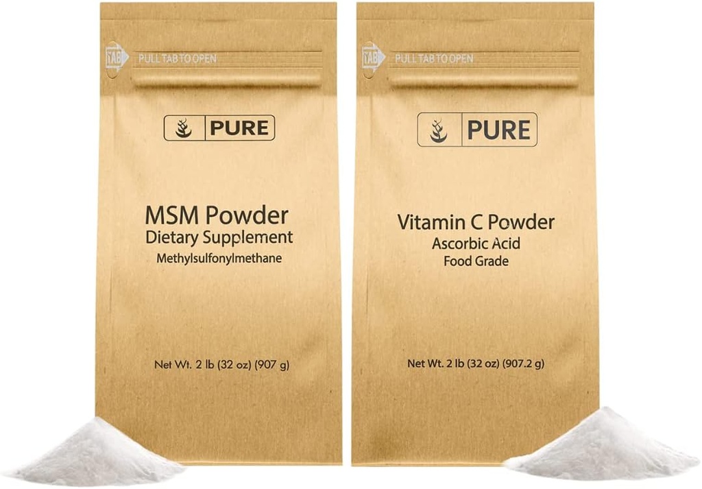 PURE Original INGREDIENTES Vitamina C Powder &amp; Methylsulfonylmethane MSM Powder Bundle, (2 lb) Siempre Puro, Suplementos dietéticos