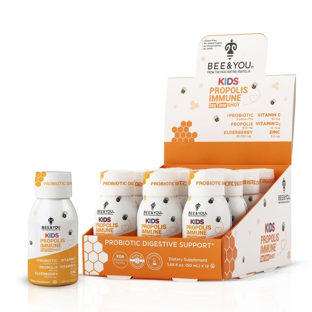 Bee and You Kids Propolis Immune Day Time Shot - Probiótico, Vitamina C, Vitamina D3, Zinc, Immune Support, Gut Health, Digestive Health, 1.69 Fl. oz, 12 Pack