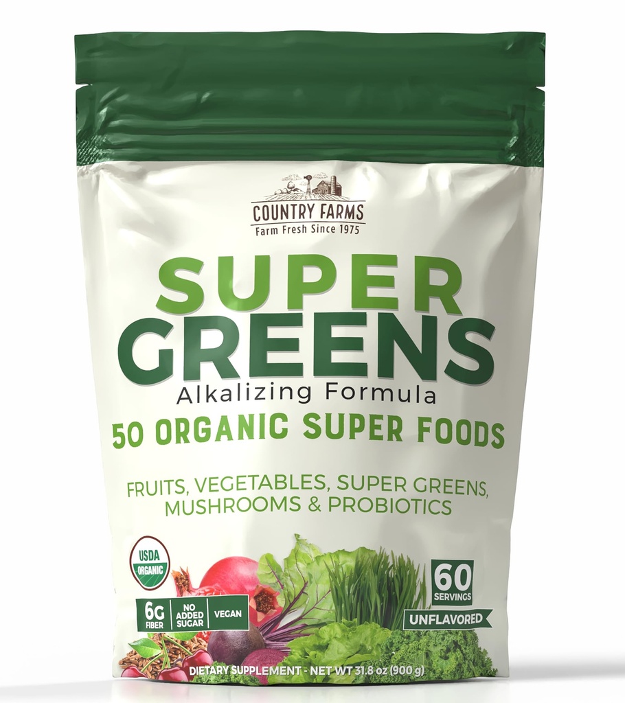 Super Greens Natural Flavor, 50 Ecológicos Super Foods, USDA Organic Drink Mix, Fruits, Vegetables, Super Greens, con Fiber, Mushrooms & Probiotics, Supports Energy, 60 Servings, 900g