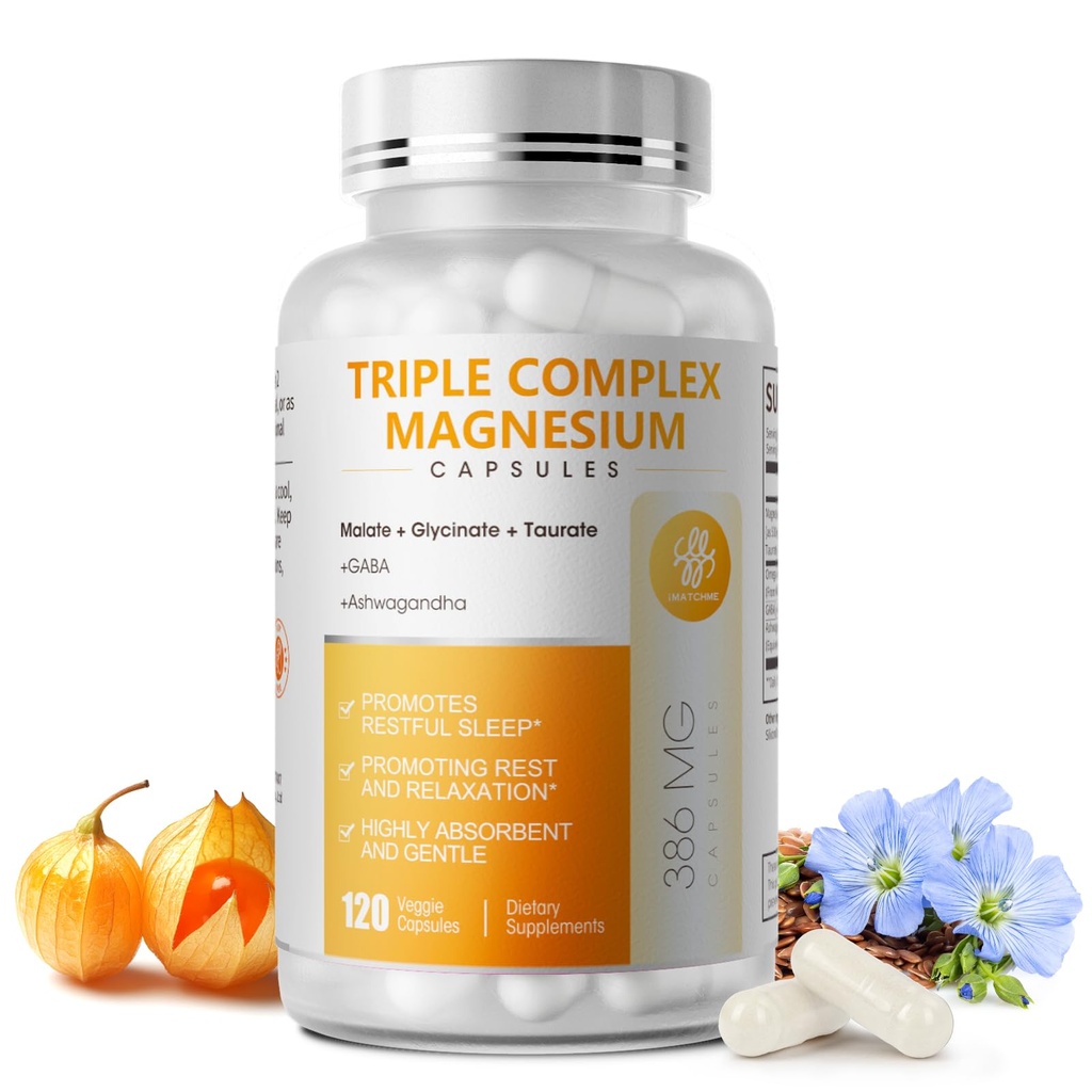 Complejo de magnesio triple - Magnesium Glycinate, Taurate & Malate Suplemento con Omega3, Ashwagandha, GABA para el sueño, cerebro corazón &amp; apoyo muscular - alta absorción y gentil, Vegan, 120 cápsulas