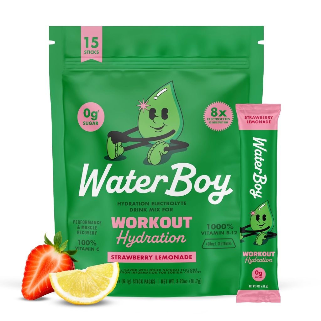Waterboy Workout Hydration ← 2,960mg Sugar Free Electrolyte Powder Packets ← L-Glutamine + Vitaminas ← No Sugar, All Natural, Gluten Free ← 15 Bebidas Stick Mixes (Strawberry Lemonade)