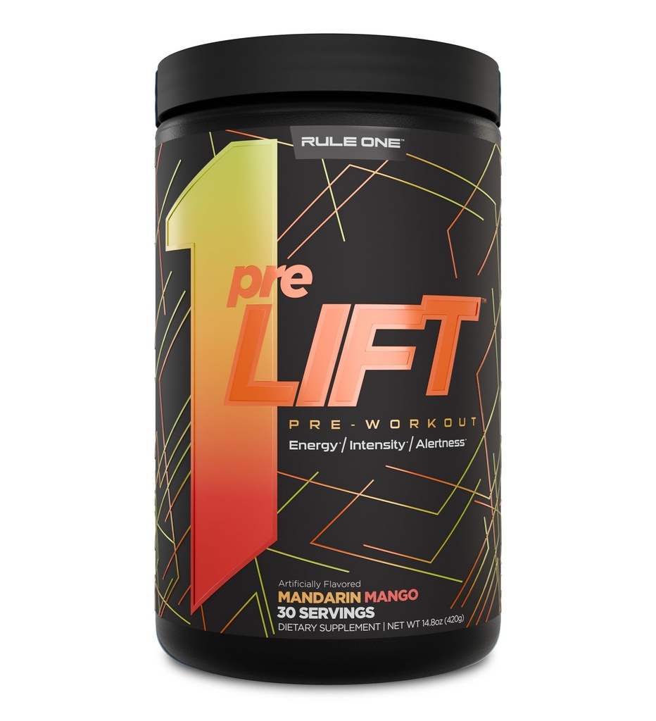Regla 1 preLIFT Pre-Workout - 6g Citrulline, 3.2g Beta Alanine, 3 Fuentes de Caffeine + 20 Otros para Energía, Alerta, Resistencia (30 Servimientos, Mandarin Mango)
